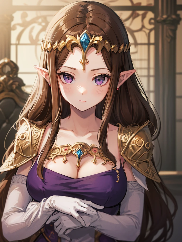 ((非常にBeautiful Face)),((非常にdetailedな衣服)),(((Face close-up))),(((No background))),(Expressionless),(((Place your hand on your chest)))))),((Upper Body)),((alone)),(())),Anime art style,masterpiece,(Highest quality), (Super detailed),(Very delicate and beautiful),(alone),(detailedな顔と目),Beautiful eyes like jewels,(A truly gorgeous jeweled ruffled rococo ball gown dress),(((Mature Woman,Queen))),((1 Queen in a beautiful embroidery and jeweled absolutely gorgeous rococo ballgown dress with voluminous full length hoop skirt)),((crinoline)),,((Straight hair galore,Very long straight hair with plenty of volume,Super long straight hair)),,Cleavage,(bed),length_gloves,Very gorgeous hair accessory、((((Front Face)))),((((Adult Expressions)))),((((Beautiful Face)))),((((dress)))),(()),(((Long Hair)))),((((Straight hair)))),((Cleavage)),((((Dark brown hair)))),Princess Zelda,((chest is slightly exposed)), ((Highest quality)),,(Very detailed) ,((Purple blouse)),(((Use one hand to push your hair aside))),Brown Hair,(()),, ((Highest quality)), (Very detailed),((detailed)),((())),Nintendo, The Legend of Zelda),,((alone)), ((Highest quality)), (Very detailed), ,