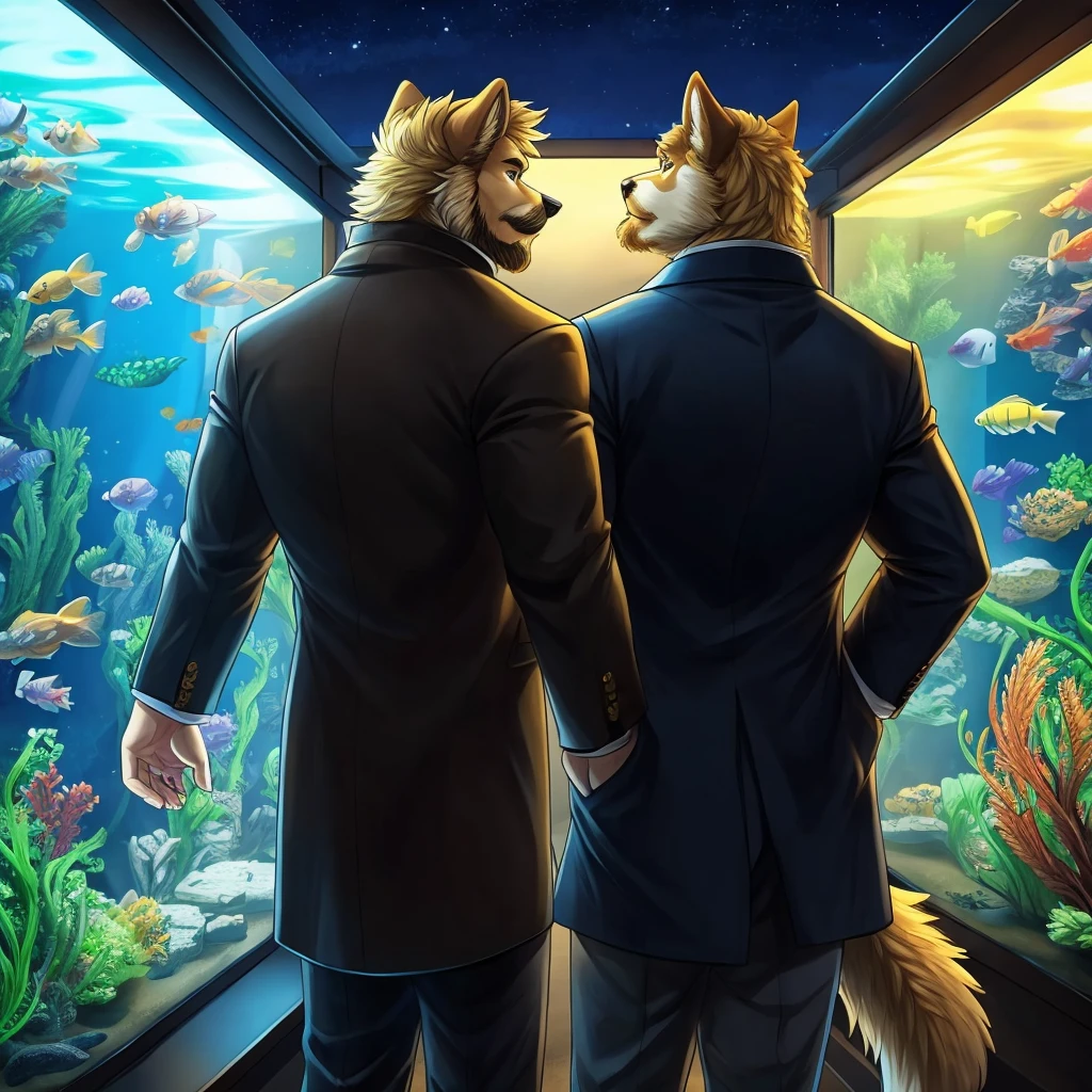 anthropomorphic golden retriever and husky mix, muscular, looking at a aquarium full of big fishes, no shading, simple, brown beard and moustache, blond fur, back view, night, black coat with yellow details, simple coloring, no shadows