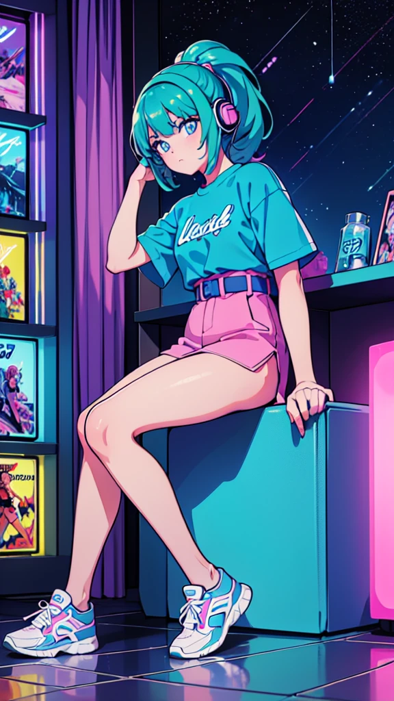 (masterpiece), Highest quality, Expressive eyes, Neon pastel aesthetics, Retro 90s, Neon color,((Girl sitting on sofa,In a cozy room,Records hanging on her wall, Comic books on the floor, Looking out the window behind her at the night city, Upholstered room, Anime figures lined up on a shelf)), Wearing headphones, (All around her it sparkles), (wearing thick colorful sneakers), (blue eyes), (Soft look), (Synthwave Art Style), Colorful Hair, Desk with PC set up