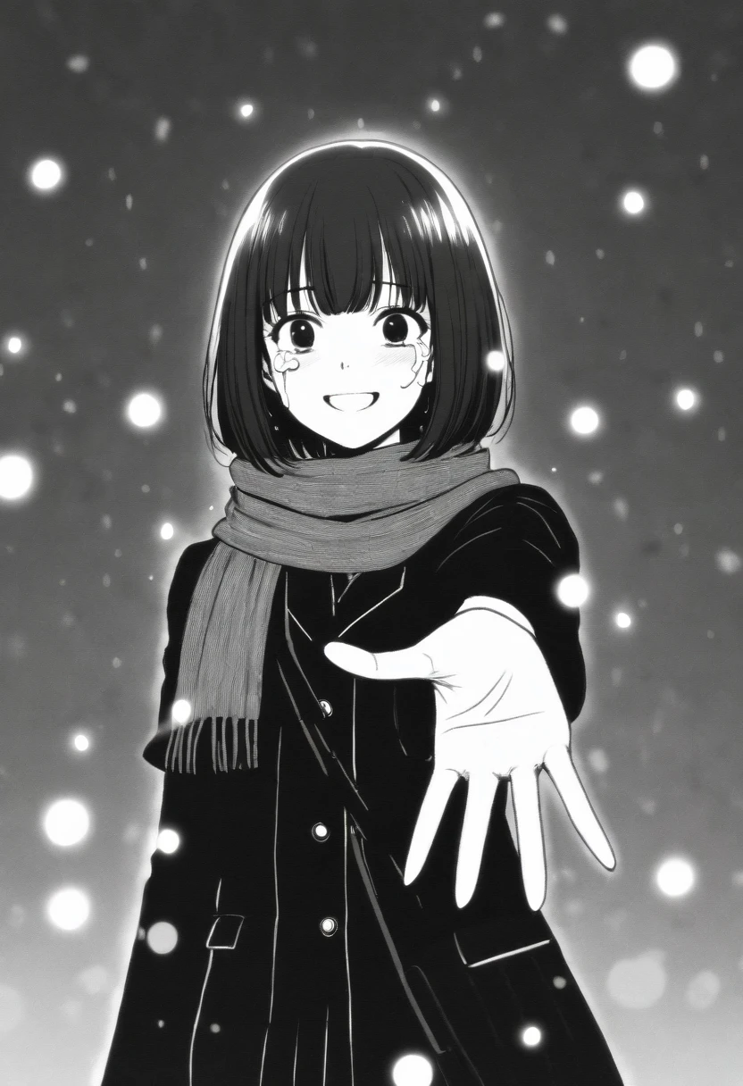 masterpiece, best quality, 1girl, mamerakkkkko, grayscale, manga style, japanese, chi no wadachi, black eyes, street, iced, black hair, schoolbag, smile, lineart, black coat, black scarf, black pleated skirt, leggins, centered, 18 years old, tall, fair skinned, bokeh background, crying, tears, tears streaming, bob cut, light particles, centered, snowing, (((reaching out left hand to viewer, perfect hand, detailed hand:1.1)), emotional anime scene
