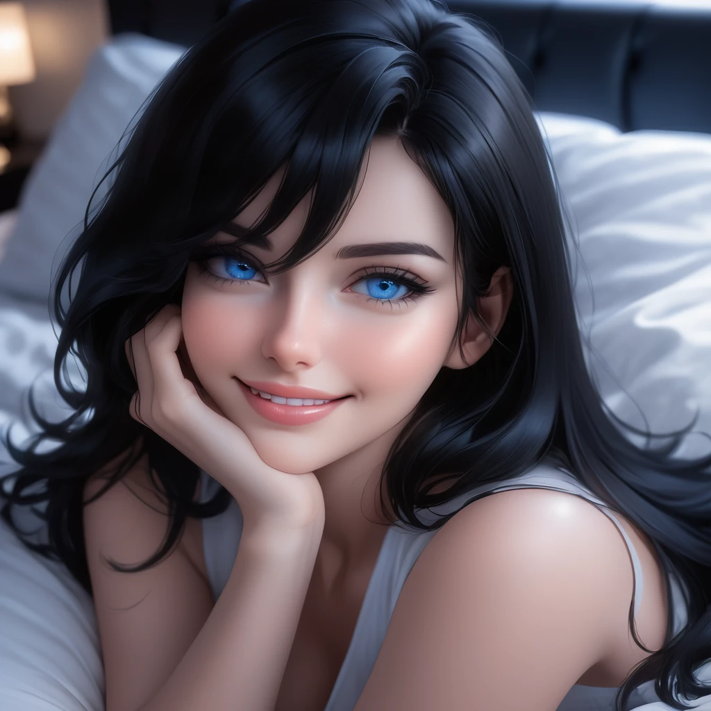A close-up shot of the woman's face, focusing on her seductive, flirty smile as she lays on the bed in the modern bedroom, with soft lighting accentuating the contours of her features and the richness of her bright blue eyes and voluminous black hair.
