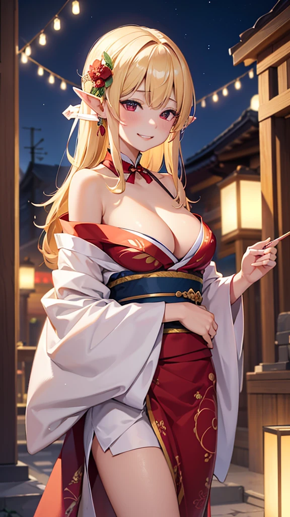 Elf、yukata(crane、magnificent)、Portrait of a beautiful 16 year old girl , detailedな背景画、Red Eyes, detailedな目、detailedな手脚、Accentuate the cleavage、Festivals, Tan Skin、Bright red lips, (masterpiece) (Highest quality) (detailed) (8K) (High resolution) (Cinema Lighting) (Sharp focus)、Blonde、(Inner Color: Random), ((blush: 0.8)), Natural skin texture, Transparent skin、Delicate, rolled up、豪magnificent、hair ornaments、A step back angle、