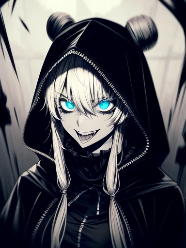 score_9, score_8_superior,score_7_superior, sauce_anime, evaluation_i doubt it, One girl, alone,EPpkNe, blue eyes, Black Hair, Blue Hair, Striped Hair, Single hair bun, Dark Skin, Dark skinned women, Large Breasts, Edgewraith, Hooded cloak, armor, Torn clothes, pale ,wearing Edgewraith , Black Lips, Black Eyeshadow, Black nails, Black Leather, night, alley, Empty Streets, full moon, One \(animal\), Creepy abominations, Green Energy, Malicious forces, Evil Necromancer, an ominous, Satanic, malicious, Atrocious, Blood, Blood splatter, Blood stain, tooth, Sharp teeth, Grin, Crazy Eyes, Crazy Smile, Monochrome, grayscale, manga, Multiple Views,
