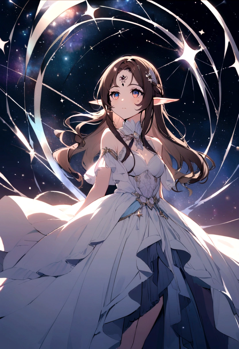 A young girl with long wavy brunette hair, a natural third eye tattoo on her forehead, and elf ears, looking up at the entire galactic starry sky Magnificent, Twinkling starlight, Boundless, Fantastic sighteteor shower