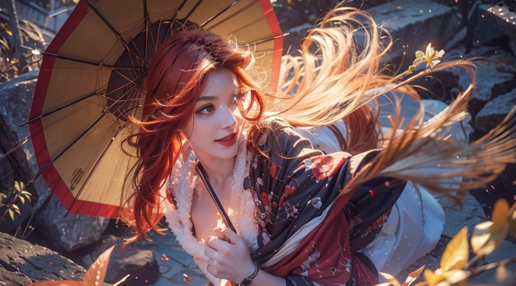 girl with red hair holding a umbrella, red lips glossy, 8k, ultra hd, ultra detailed texture, hyper realistic, masterpiece, detailed texture, detailed face, detailed skin, detailed lighting, (photorealistic:1.5), best quality, beautiful lighting, cinematic lighting, professional lighting, ultra highres, realistic, detailed hair, real hair, high quality, (realskin:1.5), extremely detailed, finely detail, ultra-detailed, smile, kimono outfit, yellow eyes.
