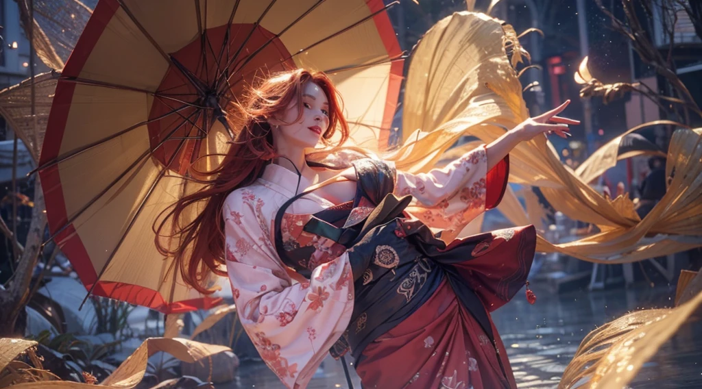 girl with red hair holding a umbrella, red lips glossy, 8k, ultra hd, ultra detailed texture, hyper realistic, masterpiece, detailed texture, detailed face, detailed skin, detailed lighting, (photorealistic:1.5), best quality, beautiful lighting, cinematic lighting, professional lighting, ultra highres, realistic, detailed hair, real hair, high quality, (realskin:1.5), extremely detailed, finely detail, ultra-detailed, smile, kimono outfit, yellow eyes.