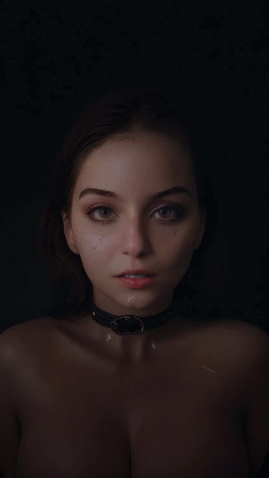 nude, lying on bed, (slave collar:2.0), realistic dull skin texture, viewed from above, legs open, (tied up:1.9), (handcuffed:1.6), (large breasts:2.0), arlwnter woman, Ariel Winter, (cum on face:3.0), (suffocated:3.0), (skinny:2.0), (choked:3.0), (glasses:1.7), black hair