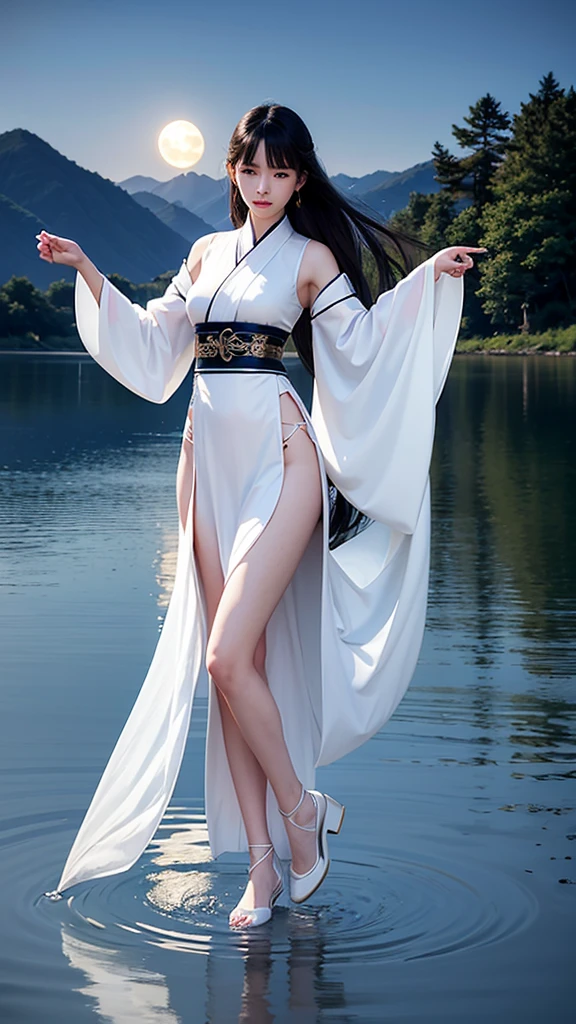 realisticlying, A high resolution, 1 rapariga, Black wavy hair, ChineseGirl, heterochromatic eyes, small mole under eyes, Transparent white hanfu, nakeness, extremely large bosom, long leges, panties are visible，Bare breasts，standing on your feet，Bare genitalia，Bare