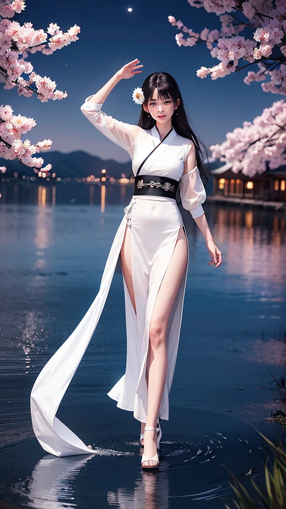 night，Moonlight reflects on the lake，There is a girl in a simple white Hanfu by the lake，，black hair，Waist length hair，Dance，antiquity，Only a thin piece of clothing，The sleeves are very long，The skirt is very long，The background is Chang&#39;an City，There are Tang Dynasty buildings in the background