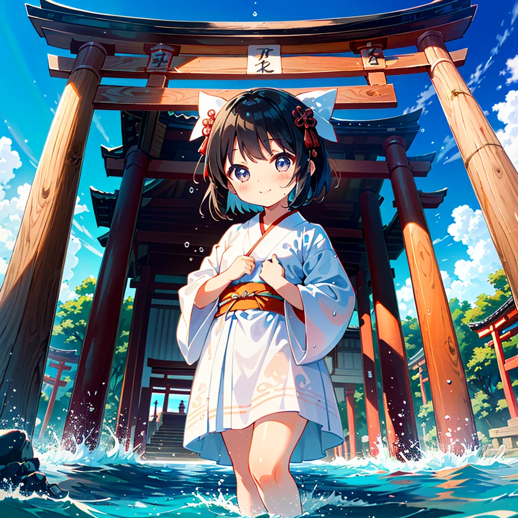 Inside the shrine (under the large red torii gate) 4 4-year-old girls (shrine maiden uniform (white uniform with pattern), berry long hair, round outline, (chibi: 1.2), (Baby face: 1.2), (Short hand: 1.2), small breasts, big eyes, short limbs, , small), (baby face: 1.2), refreshing smile)}, All the girls are looking up at the sky under the torii gate, there is a beautiful rainbow in the sky, after the rain Beautiful water droplets are dripping from the roof of the temple (the girls are in close contact with each other, a full body shot), an angle (point of view) that includes all the girls,Cute mini pigs