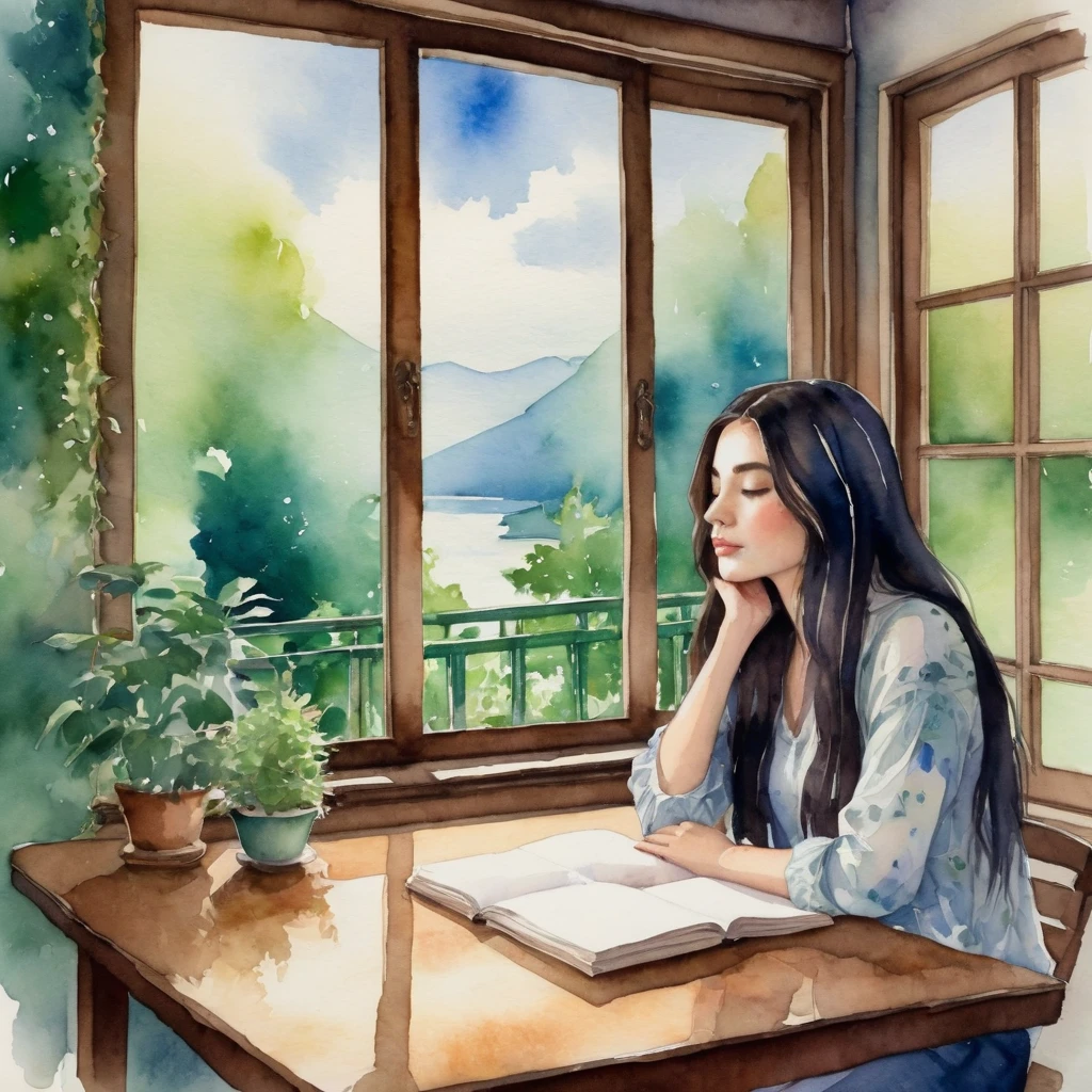 watercolor style ,In the serene environment of a room, a young girl with long, dark hair is immersed in a world of her own. She is sitting at a wooden table, hands resting gently on her face, lost in thought. The room is adorned with a window that offers a view of lush greenery, adding to the tranquility of the environment.