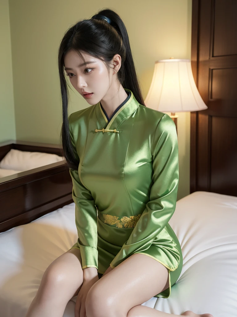 korean model , slim body , 167cm ，Movie Angle，long black ponytails hairstyle, （Cute girl,anatomy correct, traditional full garment Pastel Spring Green silky chinese qipao ，（ art，geomerty），（plethora of colorest quality，high detail，tmasterpiece，Cinematic lighting effects，4K，Chiaroscuro )
