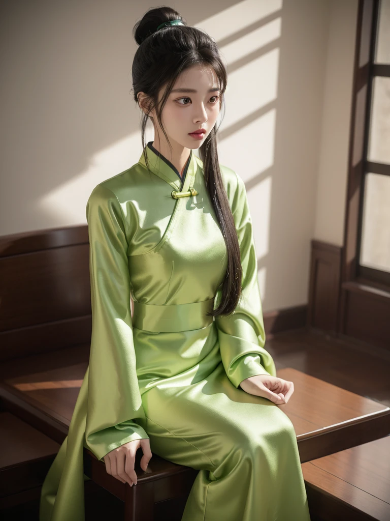 korean model , slim body , 167cm ,Movie Angle,long black ponytails hairstyle, (Cute girl,??????? correct, traditional full garment Pastel Spring Green silky chinese qipao ,( art,geomerty),(plethora of colorest quality,high detail,tmasterpiece,Cinematic lighting effects,4K,Chiaroscuro )