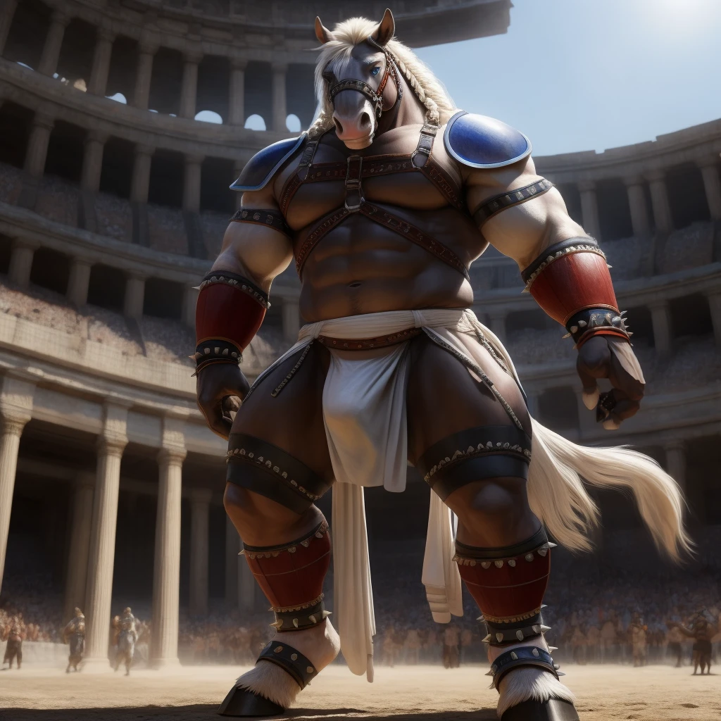 Furry, Kemono, Antropomorphic, Equine, solo, (Color White), Furry Antropometric legs, Hooves, Antro body, Bigg Ass, Male Bulge, Bigg Balls, Full body, Braided Mane, Roman gladiator armor, Gladiator, Black leather harness, Spiked Anklet, White fitted fundoshi, Roman arena, Blue Pupil Eyes, High Resolution, 4K Detailed, Good Lighting, Beautiful, Photorealistic, Realistic, White Fundoshi, tight loincloth, tale, tale horse