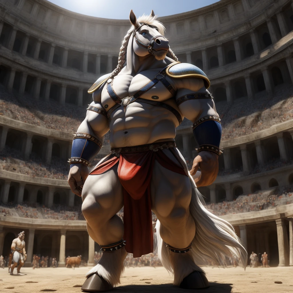 Furry, Kemono, Antropomorphic, Equine, solo, (Color White), Furry Antropometric legs, Hooves, Antro body, Bigg Ass, Male Bulge, Bigg Balls, Full body, Braided Mane, Roman gladiator armor, Gladiator, Black leather harness, Spiked Anklet, White fitted fundoshi, Roman arena, Blue Pupil Eyes, High Resolution, 4K Detailed, Good Lighting, Beautiful, Photorealistic, Realistic, White Fundoshi, tight loincloth, tale, tale horse