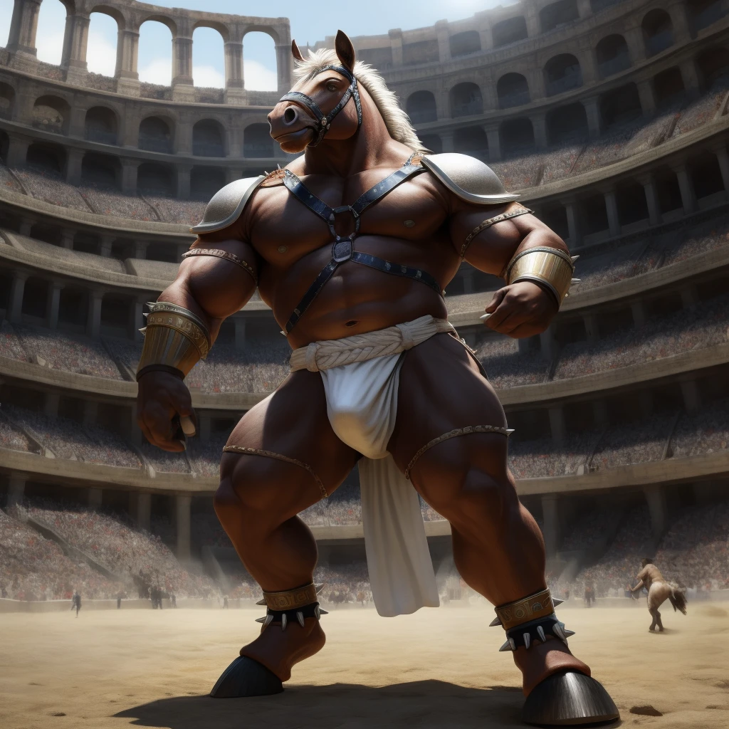 Furry, Kemono, Antropomorphic, Equine, solo, (Color White), Furry Antropometric legs, Hooves, Antro body, Bigg Ass, Male Bulge, Bigg Balls, Full body, Braided Mane, Roman gladiator armor, Gladiator, Black leather harness, Spiked Anklet, White fitted fundoshi, Roman arena, Blue Pupil Eyes, High Resolution, 4K Detailed, Good Lighting, Beautiful, Photorealistic, Realistic, White Fundoshi, tight loincloth, tale, tale horse