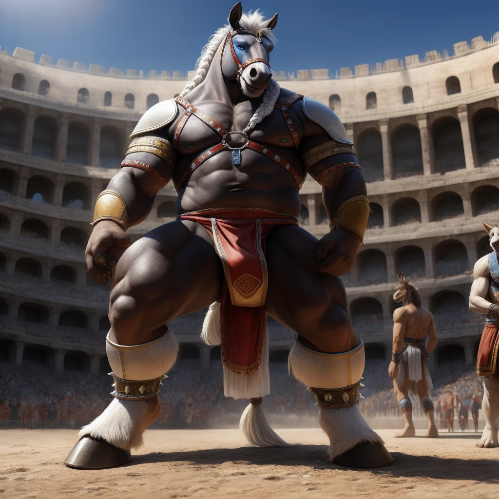Furry, Kemono, Antropomorphic, Equine, solo, (Color White), Furry Antropometric legs, Hooves, Antro body, Bigg Ass, Male Bulge, Bigg Balls, Full body, Braided Mane, Roman gladiator armor, Gladiator, Black leather harness, Spiked Anklet, White fitted fundoshi, Roman arena, Blue Pupil Eyes, High Resolution, 4K Detailed, Good Lighting, Beautiful, Photorealistic, Realistic, White Fundoshi, tight loincloth, tale, tale horse