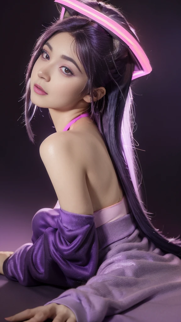 (Neon Purple Theme:1.2), Masterpiece, Top Quality, 4K, (Realistic), Bokeh, Enlightening, (1 Perfect Portrait of a Girl), (Charming Eyes for Perfect Detail:1.2), Colorful Hair, (Gradient Hair), (Soft Neon Purple Hair:1.6), (Cat Ear:1. 2), Fantasy Background, (bare exposed shoulder), (long alienated sleeve), (slightly bent forward), tilting head, (film lighting:1.2), larger clothing, (seductive pose:1.4), (neon purple background:1.6), beautiful purple eyes, close,chameleon on shoulder