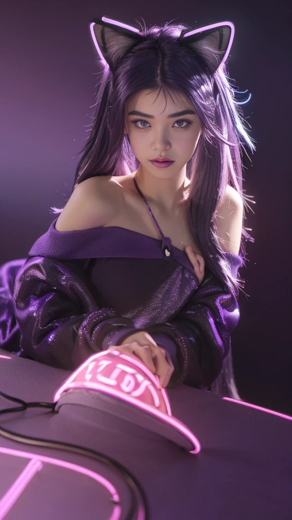 (Neon Purple Theme:1.2), Masterpiece, Top Quality, 4K, (Realistic), Bokeh, Enlightening, (1 Perfect Portrait of a Girl), (Charming Eyes for Perfect Detail:1.2), Colorful Hair, (Gradient Hair), (Soft Neon Purple Hair:1.6), (Cat Ear:1. 2), Fantasy Background, (bare exposed shoulder), (long alienated sleeve), (slightly bent forward), tilting head, (film lighting:1.2), larger clothing, (seductive pose:1.4), (neon purple background:1.6), beautiful purple eyes, close,chameleon on shoulder