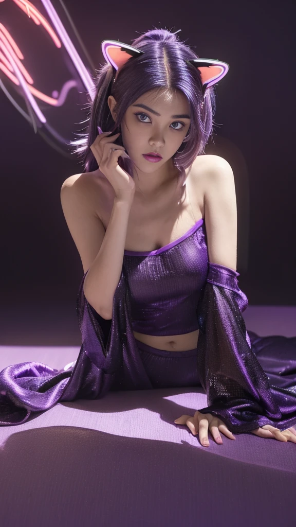 (Neon Purple Theme:1.2), Masterpiece, Top Quality, 4K, (Realistic), Bokeh, Enlightening, (1 Perfect Portrait of a Girl), (Charming Eyes for Perfect Detail:1.2), Colorful Hair, (Gradient Hair), (Soft Neon Purple Hair:1.6), (Cat Ear:1. 2), Fantasy Background, (bare exposed shoulder), (long alienated sleeve), (slightly bent forward), tilting head, (film lighting:1.2), larger clothing, (seductive pose:1.4), (neon purple background:1.6), beautiful purple eyes, close,chameleon on shoulder