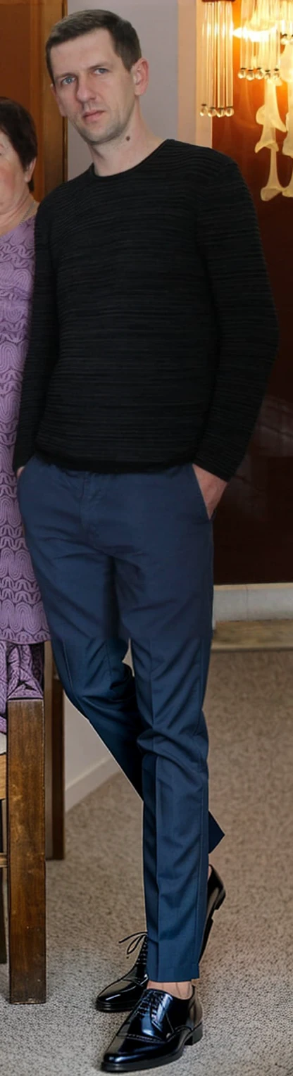 man in blue trousers, man in black shoes