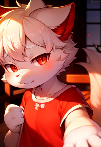 Furry, White fur, Super cute face, Red elements of fur, Glowing T-shirt, Beautiful light and shadow, Zhou Haoguang, Very fine fur, Volumetric Light