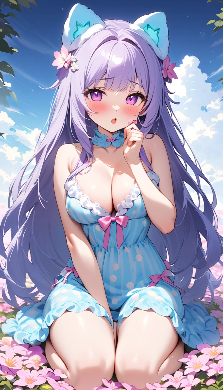 {{{{{16k,Ultra High-resolution realistic romantic photo of neat kneeling Girl in loungewear as a pure embarrasslng virgin as pretty as a actress in the flower field, The way she embarrassed herself is adorable, she transforms into a cute silicone doll of third ranks higher and radiates glowing charm, expressing femininity all over her body while being made into an adult, The more shy she is, the smaller and neatly her face becomes}}}}},{{Extremely detailed}},{{{{{dye her cheeks flush and integrated her head pure small, thick lips, Enchanting thick gross idol's Lips}}}}},{{{{{the best glossy bang neat straight virgin hair}}}}},{{{{{She get more attractive and smoother her body, The bigger her  get, the thinner her  waist gets, her  have become large, soft, and cleavage-like as she's carefully rubbed them, She's trying to make a cleavage with her hands over her growing white , she is transformed into a pure virgin, and her expression and appearance are transformed into that of a pure, unused virgin, so clean and pure, Her white  are so fluffy that they overflow if not lifted up, and are depicted in great detail, She's the cutest in her loungewear, embarrassed by her adorably overflowing white  that she can't contain}}}}