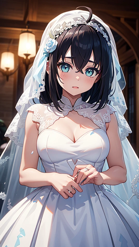 Ultra-high resolution,masterpiece, Attention to detail, Highest quality, 8K,(Blessed,Captivating body、Ultra-detailed skin、Beautiful Eyes、Detailed Background),One girl、(Wedding dress、Embarrassing:1.3),Wedding hall
