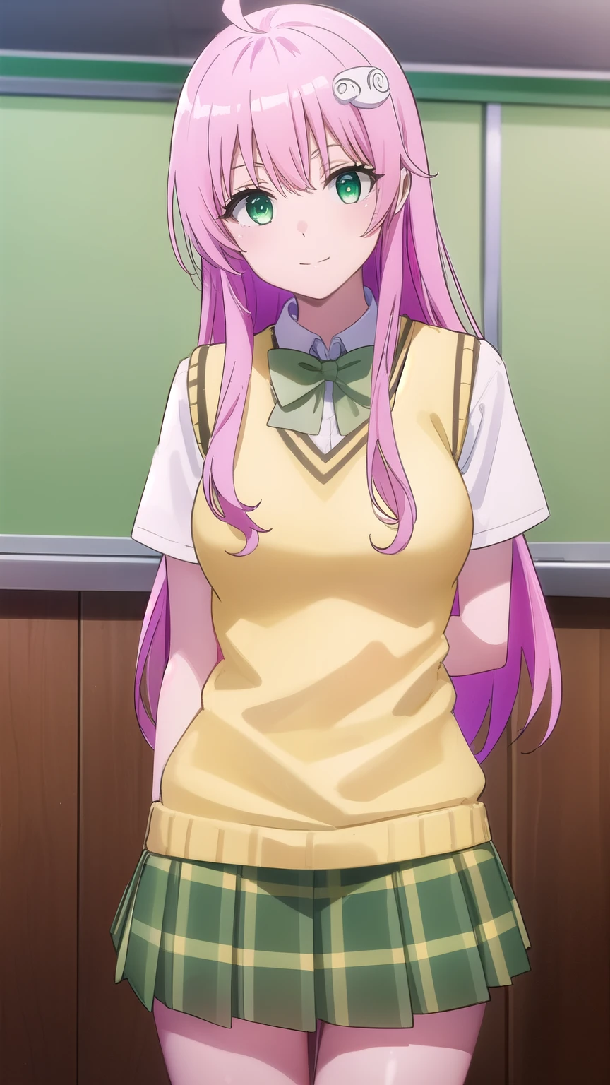 laladevilluke, lala deviluke, long hair, pink hair, tail, ahoge, bangs, hair ornament, (green eyes:1.5), smile,
BREAK demon tail, green skirt, plaid, plaid skirt, sainan high , , skirt, sweater vest, thighhighs, (yellow sweater:1.5), short sleeves, bow, (green bow:1.5),
BREAK indoors, classroom,
BREAK looking at viewer, (cowboy shot:1.5),
BREAK (masterpiece:1.2), best quality, high resolution, unity 8k wallpaper, (illustration:0.8), (beautiful detailed eyes:1.6), extremely detailed face, perfect lighting, extremely detailed CG, (perfect hands, perfect anatomy),