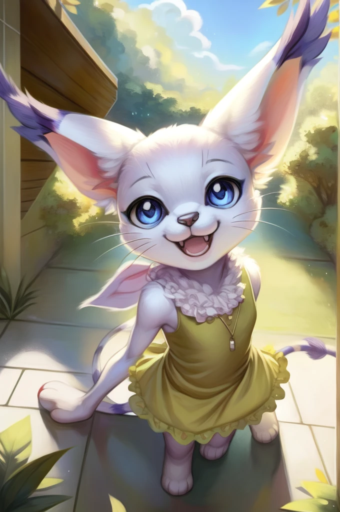 by woolrool,,, Gatomon furry, detailed and extremely fluffy body fur, fluff, masterpiece, looking up beautiful surroundings, detailed background, happy, leaf-dress, short stature, sexy anthro