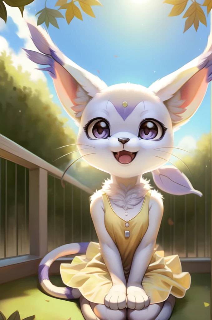 by woolrool,,, Gatomon furry, detailed and extremely fluffy body fur, fluff, masterpiece, looking up beautiful surroundings, detailed background, happy, leaf-dress, short stature, sexy anthro