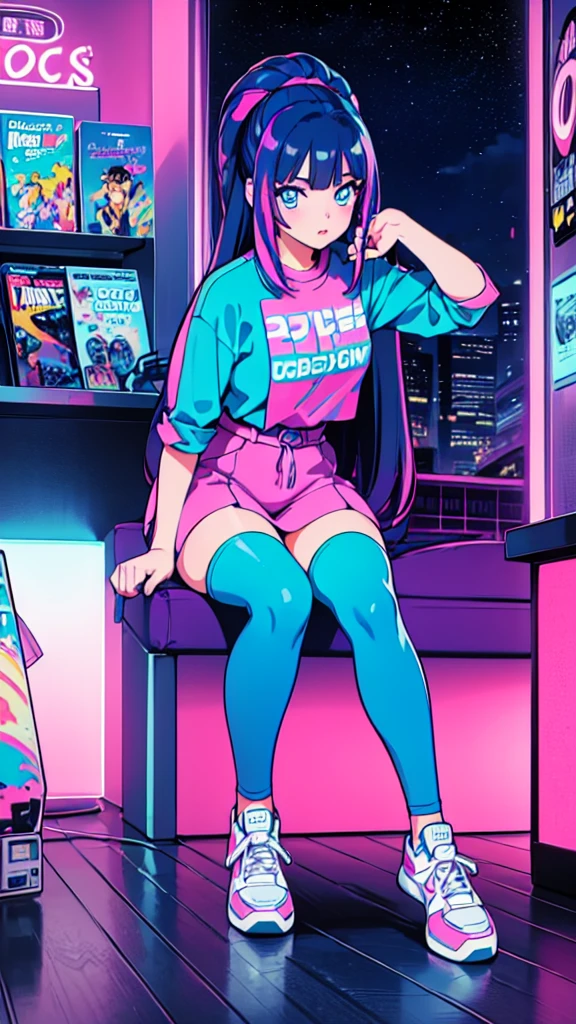 (masterpiece), Highest quality, Expressive eyes, Neon pastel aesthetics, Retro 90s, Neon color,((Girl sitting on sofa,In a cozy room,Records hanging on her wall, Comic books on the floor, Looking out the window behind her at the night city, Upholstered room, Anime figures lined up on a shelf)), Wearing headphones, (All around her it sparkles), (wearing thick colorful sneakers), (blue eyes), (Soft look), (Synthwave Art Style), Colorful Hair, Desk with PC set up