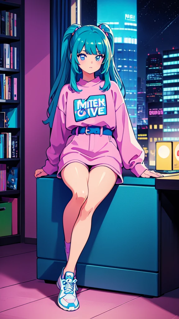 (masterpiece), Highest quality, Expressive eyes, Neon pastel aesthetics, Retro 90s, Neon color,((Girl sitting on sofa,In a cozy room,Records hanging on her wall, Comic books on the floor, Looking out the window behind her at the night city, Upholstered room, Anime figures lined up on a shelf)), Wearing headphones, (All around her it sparkles), (wearing thick colorful sneakers), (blue eyes), (Soft look), (Synthwave Art Style), Colorful Hair, Desk with PC set up