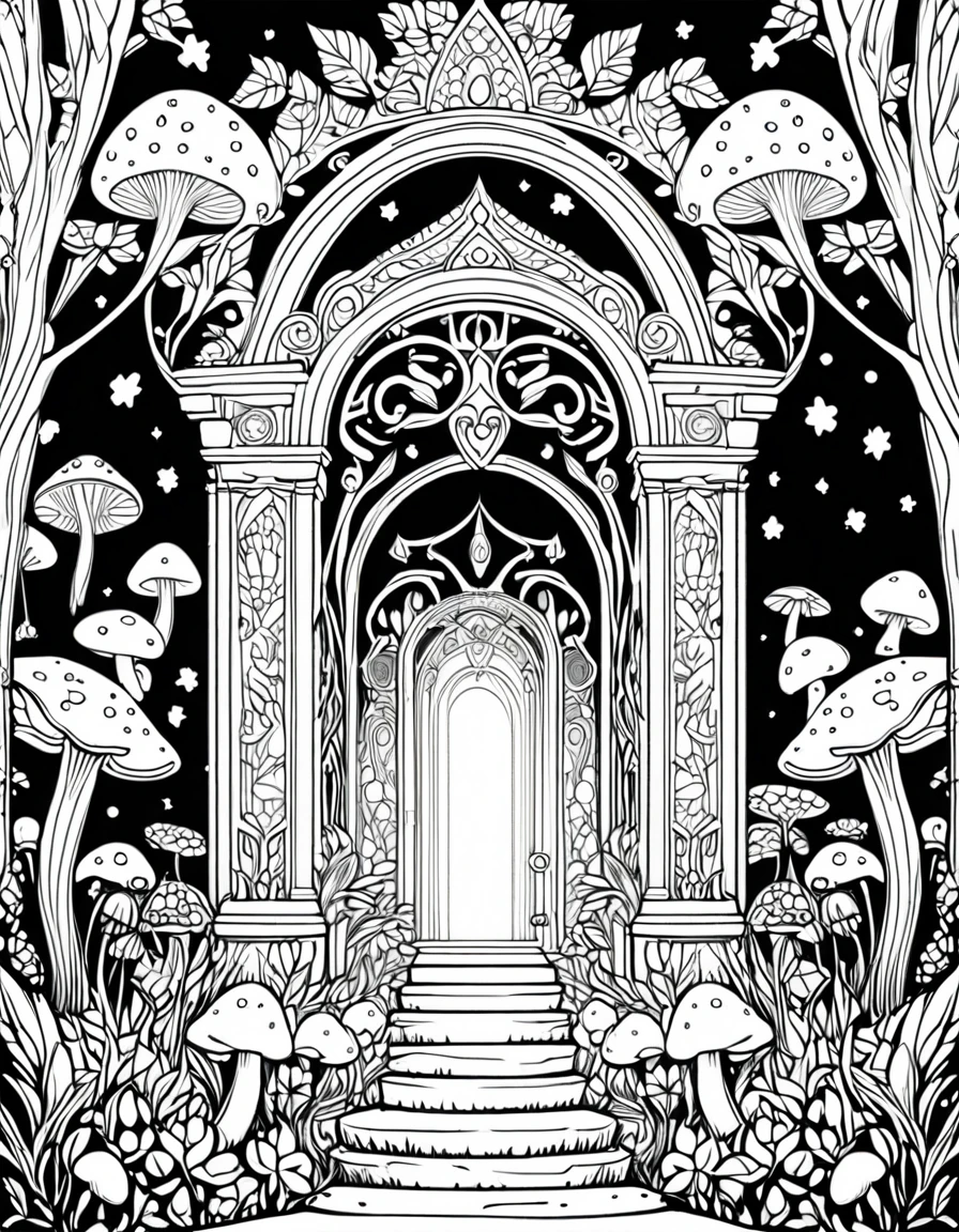 Intricate line art of a magical forest entrance, ornate gateway, glowing mushrooms, black and white illustration, coloring book style, whit background, detailed pen drawing, high contrast, clean lines, suitable for coloring, no shading, vector-like, easy to color