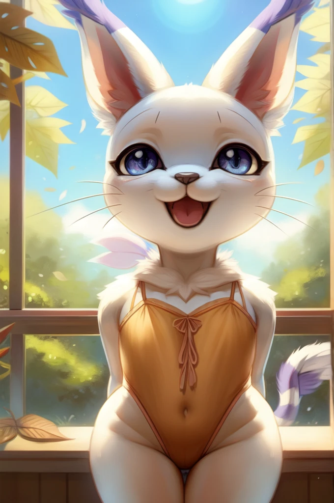 by woolrool,,, Gatomon furry, detailed and extremely fluffy body fur, fluff, masterpiece, looking up beautiful surroundings, detailed background, happy, leaf-lingerie, short stature, sexy anthro 