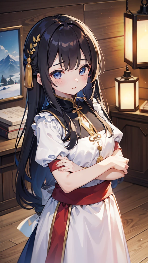 《白雪公主和七个Dwarf》,Princess in a gorgeous dress,Princess in a gorgeous dress身边有七个可爱的Dwarf,身边有几个可爱Dwarf的华丽公主女孩,There are seven cute little boys around the cute girl,Close-up above the waist,《白雪公主与七个Dwandoor background,木屋Indoor background,Dwarf,q版Dwarf,q版Dwarf围在公主身边