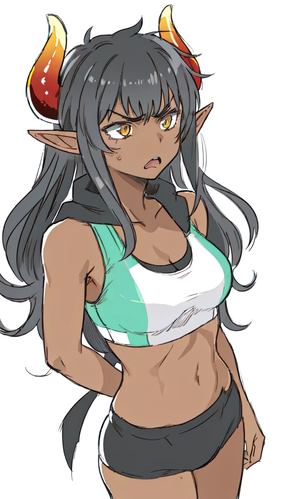 ((1girl,solo,mature female,25 years old,adult)),medium breasts,long hair, black hair,angry expression,horns,elf ears,black scarf,cleavage,(dark skin),((black sports bra, midriff)),white background