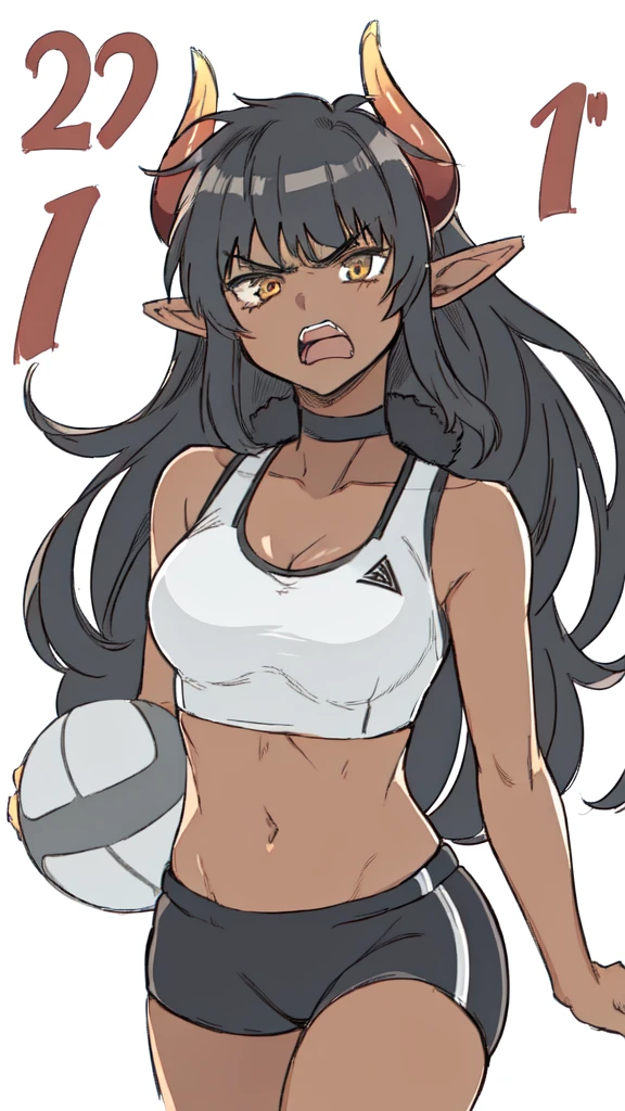 ((1girl,solo,mature female,25 years old,adult)),medium breasts,long hair, black hair,angry expression,horns,elf ears,black scarf,cleavage,(dark skin),((black sports bra, midriff)),white background