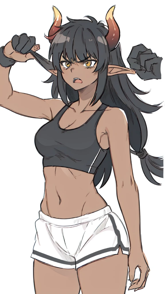 ((1girl,solo,mature female,25 years old,adult)),medium breasts,long hair, black hair,angry expression,horns,elf ears,black scarf,cleavage,(dark skin),((black sports bra, midriff)),white background