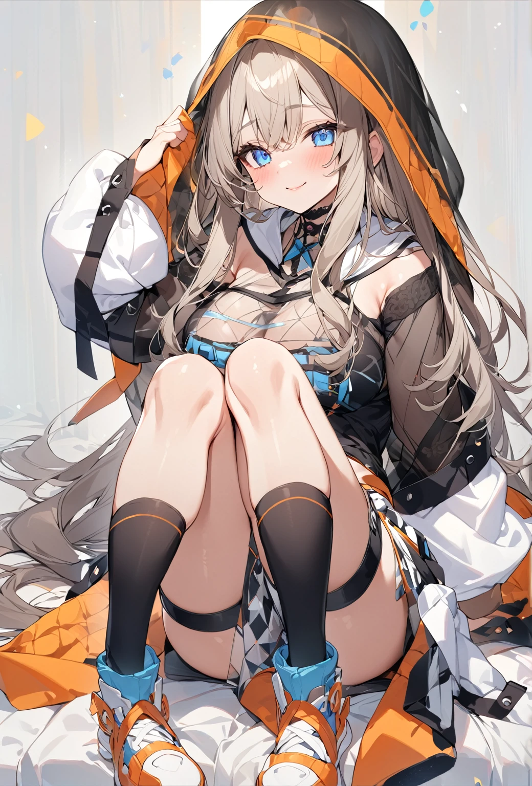 ((Highest quality)), ((masterpiece)), ((Very detailed)), (Very mature),A cute, gentle-looking female high school student with black hair and a height of about 165cm.,A female high school student with big breasts and a cute smile wearing a transparent blue waifus with a cute patterned hood and bare shoulders, A gentle woman with a slightly long vertical face,Small Faced Woman,alone, Cute attitude,(background(bright),Long Hair - Straight,Knee-high socks、A transparent blue veil with a cute pattern and white hood with off-the-shoulder sleeves,White wall、Sitting、Facing the viewer、縁に模様がある壁が1面のbackground