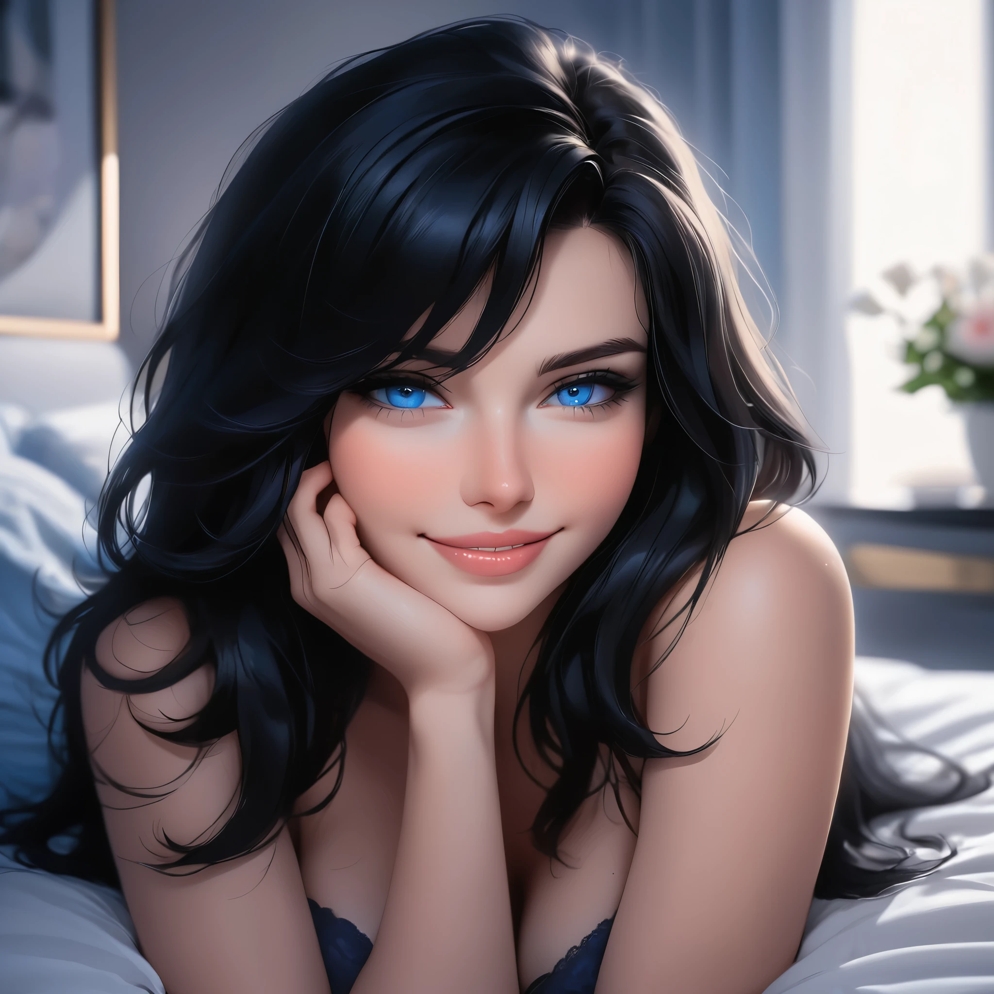 A close-up shot of the woman's face, focusing on her seductive, flirty smile as she lays on the bed in the modern bedroom, with soft lighting accentuating the contours of her features and the richness of her bright blue eyes and voluminous black hair.