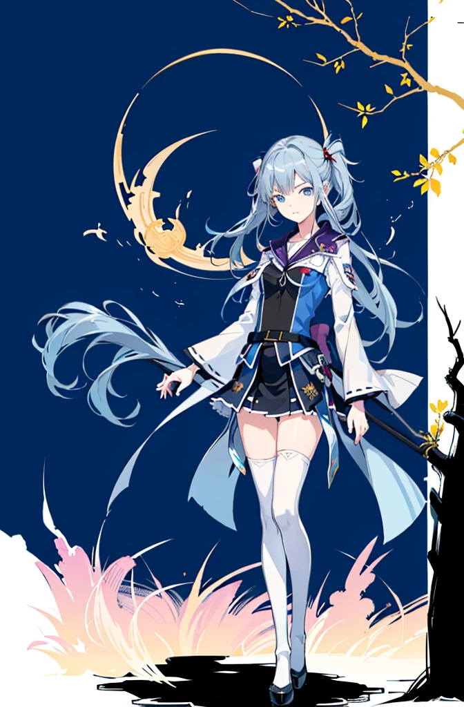 1girl,  solo, outdoors, long hair, holy place, Original,(Illustration:1.1),(Best Quality),(masutepiece:1.1),(the Extremely Detailed CG Unity 8K Wallpapers:1.1), (Colorful:0.9),(mid-shot:0.95),(extremely detailed beautiful face),(Solo:1.2), (girl),(((Lori))), (Detailed beautiful eyes:1.15), (Beautiful face:1.15), (Glowing blue eyes:1.25////),(((sky blue Long Hair))),(two side up),(+perfect hand+:1.21),(Draw illustration of Japan priestess costume),(slender),(White pleated skirt),(Gothic),((black thighhighs)),(frilld),(Beautiful Slender Lolita Girl),hallowween,standing, girl,10 years old,  girl,foggy place,vampire,sky blue hair,((full body,whole body)),black thighhighs,