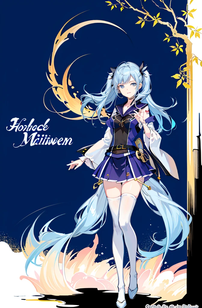1girl,  solo, outdoors, long hair, holy place, Original,(Illustration:1.1),(Best Quality),(masutepiece:1.1),(the Extremely Detailed CG Unity 8K Wallpapers:1.1), (Colorful:0.9),(mid-shot:0.95),(extremely detailed beautiful face),(Solo:1.2), (girl),(((Lori))), (Detailed beautiful eyes:1.15), (Beautiful face:1.15), (Glowing blue eyes:1.25////),(((sky blue Long Hair))),(two side up),(+perfect hand+:1.21),(Draw illustration of Japan priestess costume),(slender),(White pleated skirt),(Gothic),((black thighhighs)),(frilld),(Beautiful Slender Lolita Girl),hallowween,standing, girl,10 years old,  girl,foggy place,vampire,sky blue hair,((full body,whole body)),black thighhighs,