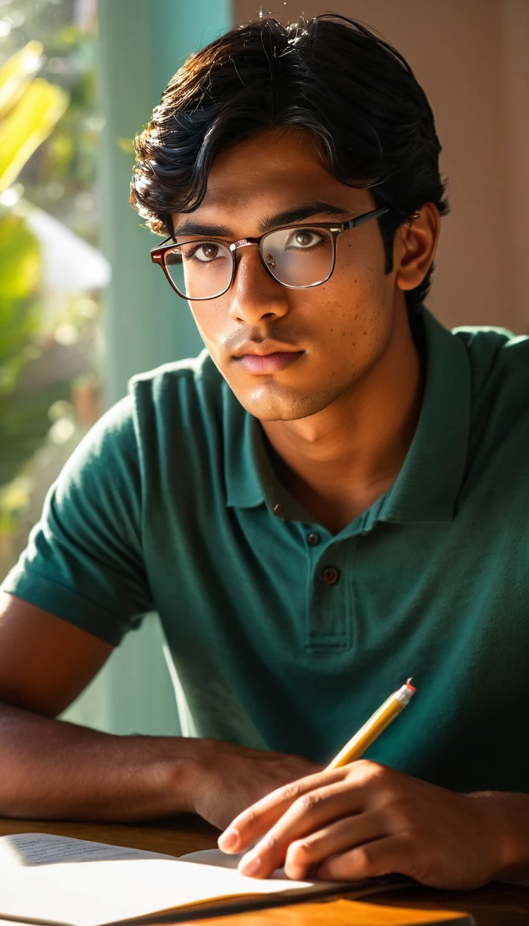 (Photography, Realism: 1.4),
23 years old, male, black hair, smart looking, Maldivian, looking out of classroom window, cinematic lighting, highly detailed eyes, highly detailed face, brown eyes, freckles, glasses, reading in the light of a table lamp, back side camera angle 