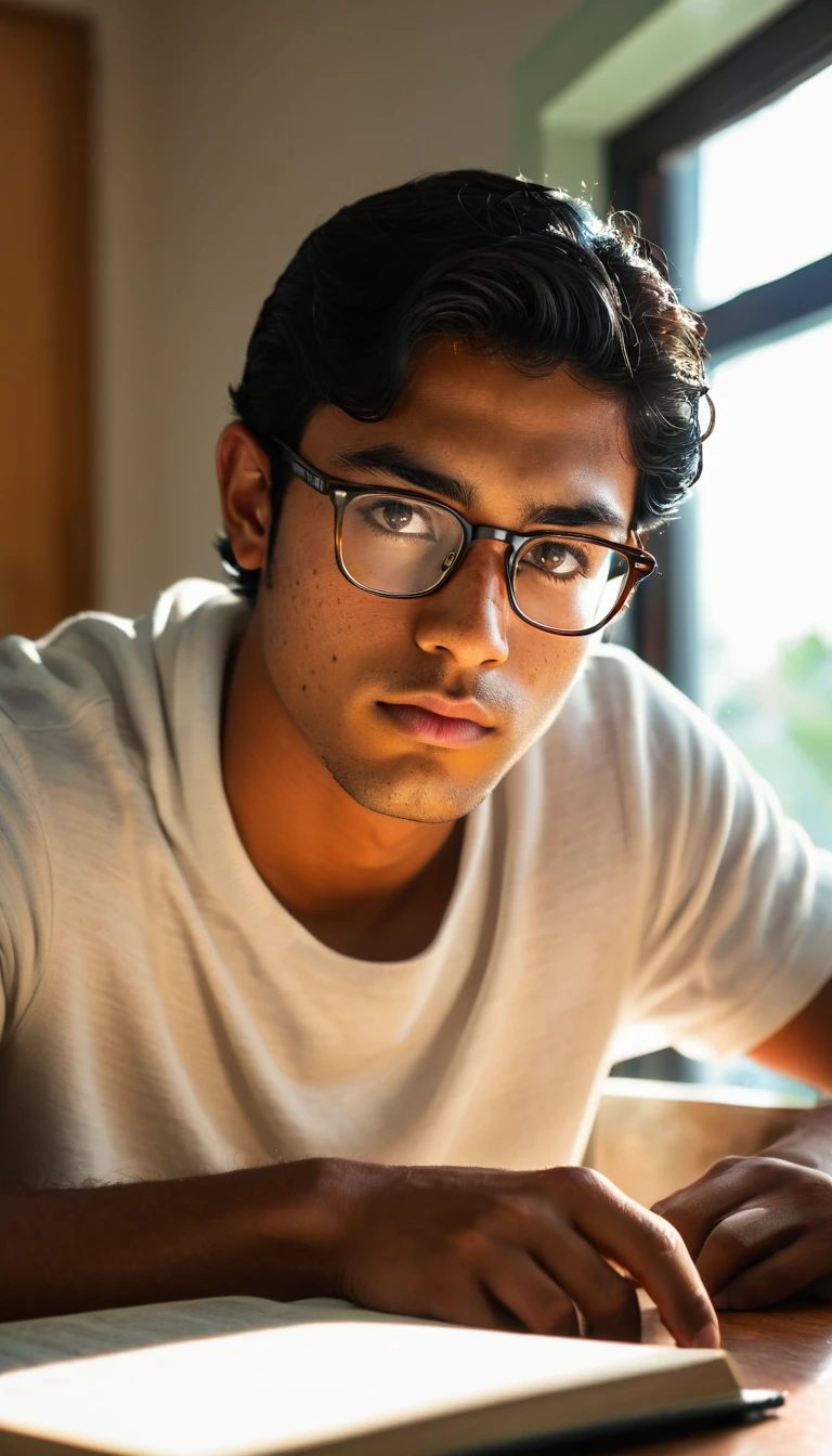 (Photography, Realism: 1.4),
23 years old, male, black hair, smart looking, Maldivian, looking out of classroom window, cinematic lighting, highly detailed eyes, highly detailed face, brown eyes, freckles, glasses, reading in the light of a table lamp, back side camera angle
