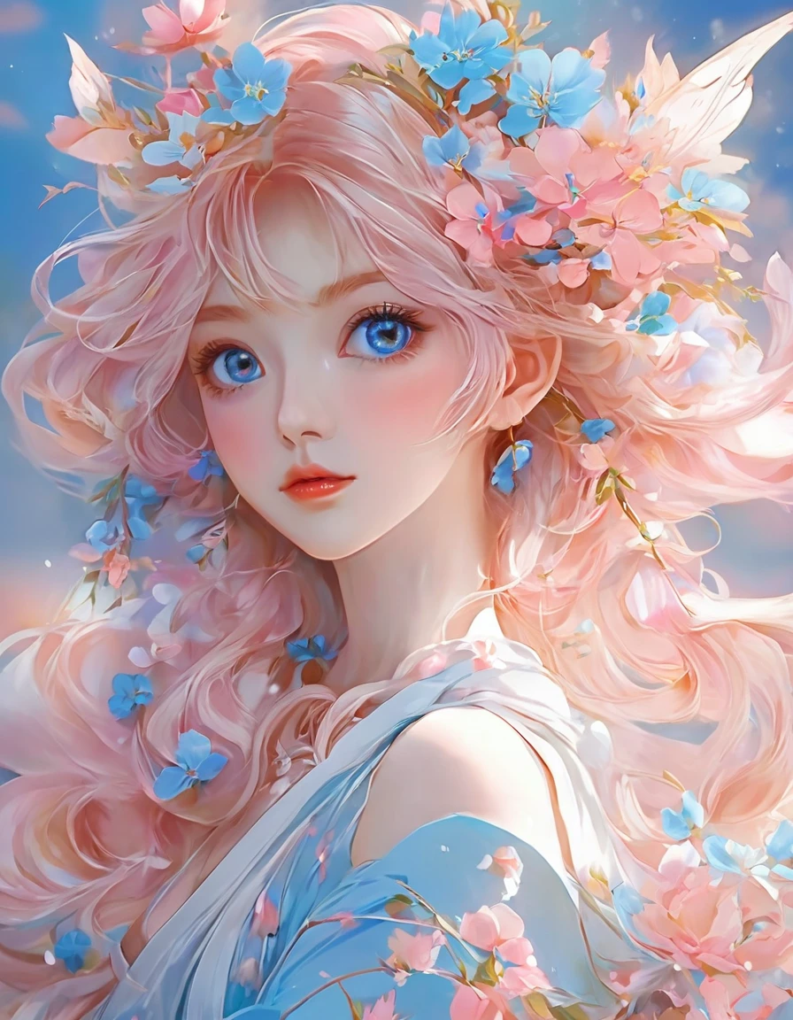 Pink hair and blue eyes、Anime girl with flowers in her hair, Cute and detailed digital art, Anime Style 4k, Beautiful digital illustrations, Beautiful anime portraits, Beautiful digital artwork, Digital anime art, Anime fantasy illustration, anime art wallpaper 4k, anime art wallpaper 4k, Beautiful artwork illustration, Cute digital art, Beautiful Art UHD 4K, Beautiful digital art