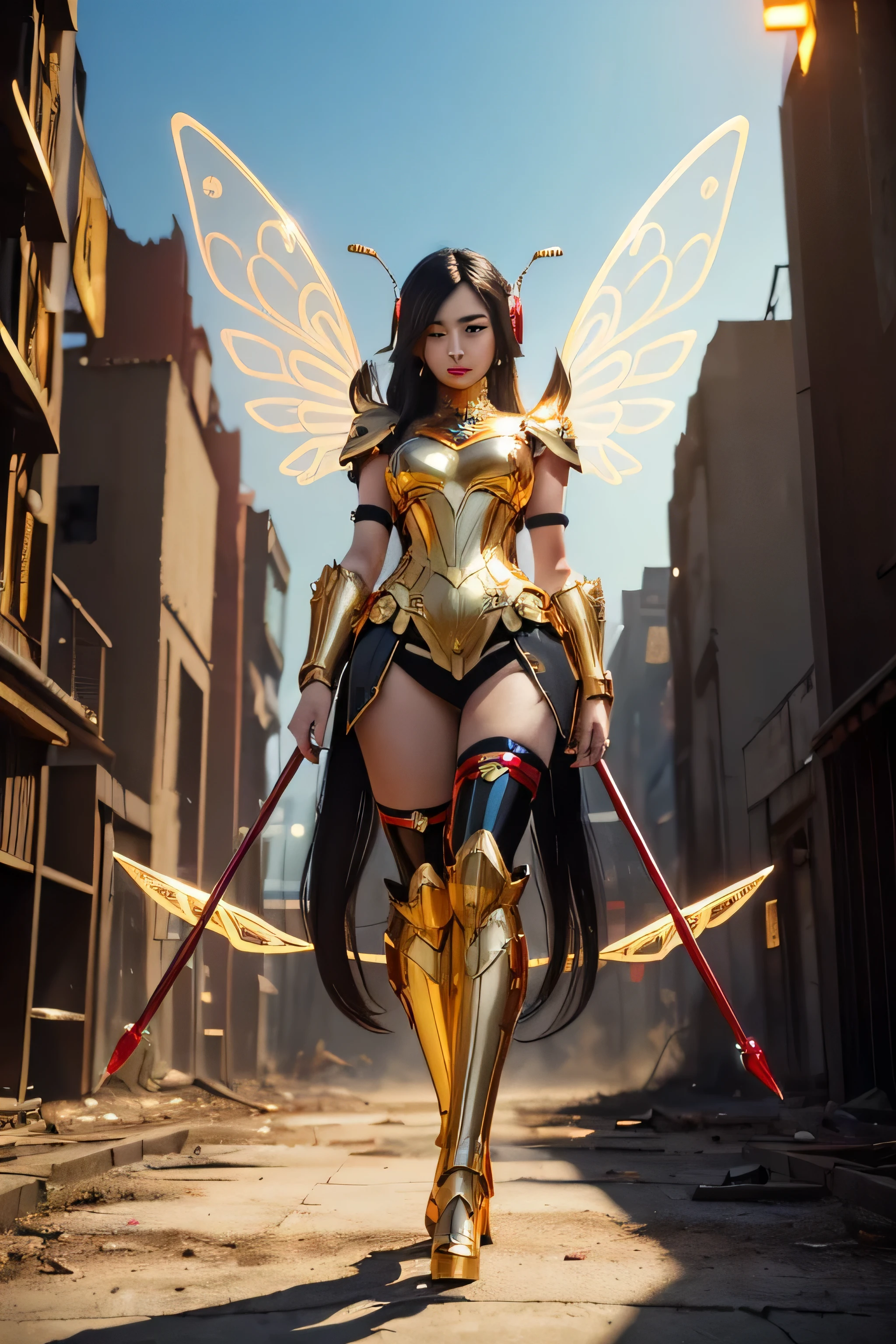 long shot fullbody a beautiful ((thai girl, long straight black hair )), 32 breasts, ((gold)) headphones. wearing ((sexy mecha armor)) in ((shiny red and gold engraving)) with ((bee wings)). wearing mecha boots. holding ((blue glowing fiery whip)). ((stylized dynamic pose)), background ((burnt city ruins)). ((daylight scene)), 32k UHD, reflective surfaces, ((masterpiece)).