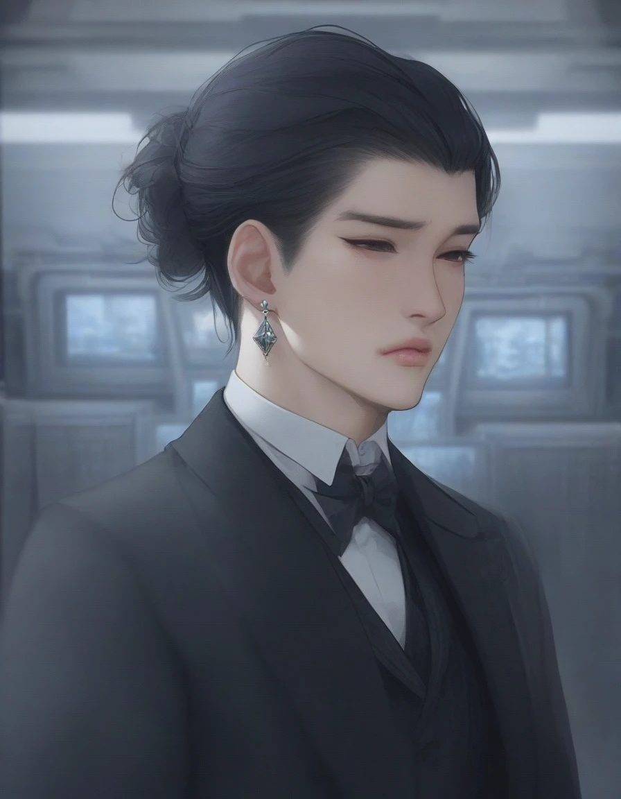 SeaArt Robot Img2Img Pattern 11:22:54 Expires in 13 days(s)
1 gentleman only, /(Black Suit/), /(Bblack hair/) franja na lateral from head, Caucasian skin, pink lips,fine nose,(masterpiece best quality:1.2) ultra-detailed delicate illustration, wears diamond earrings in her left ear /(The background of the image is dark gray/) he has features of Asian origin MATRIX-HENTAI STYLE