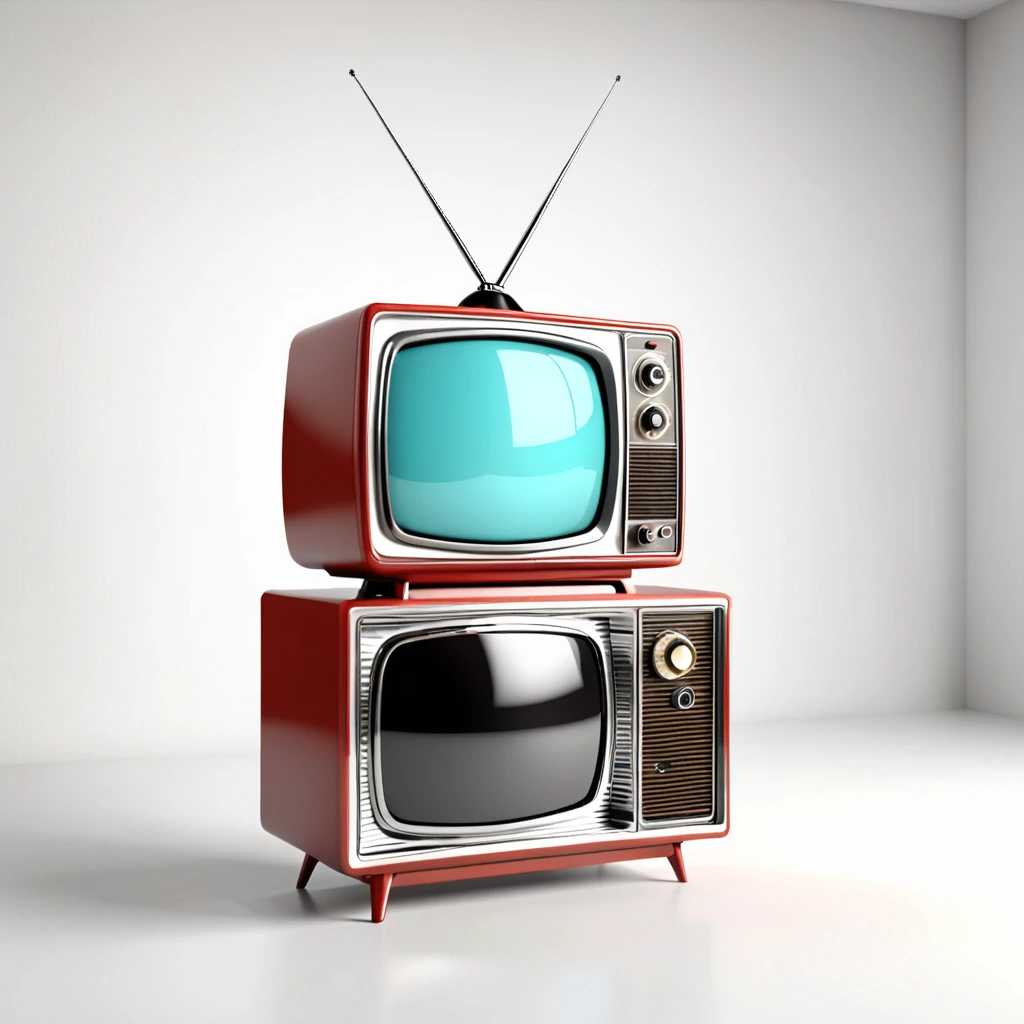 retro tv station, on white background, high-angle photo, soft light, 3d render, wide angle shooting, raw