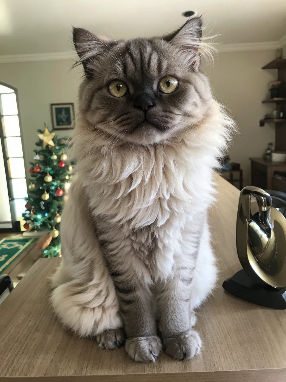 Persian cat, slightly flattened snout, dark gray coat with white roots, honey-colored eyes, easy expression slightly angry, dolce, disney animation, 9 anos, medium size fur, desenho animado fofo, meio arredondado, fundo estrelas espaciais